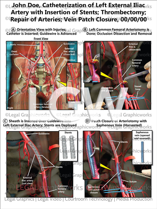 Catheterization of Left External Iliac Artery with Insertion of Stents; Thrombectomy; Repair of Arteries; Vein Patch Closure