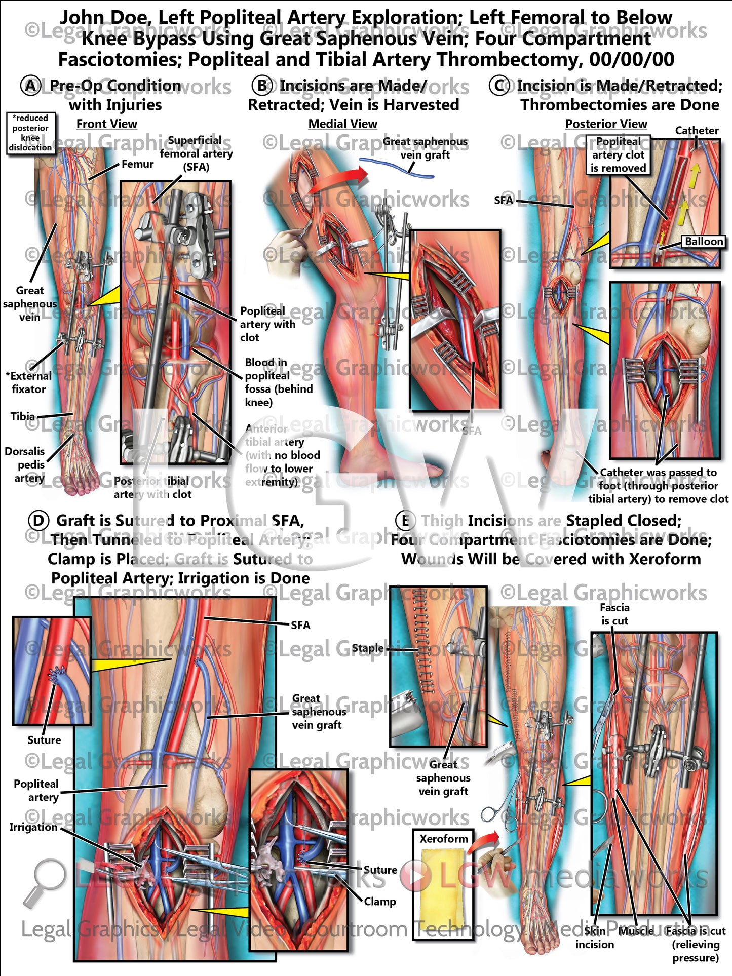 Left Popliteal Artery Exploration; Left Femoral to Below Knee Bypass Using Great Saphenous Vein; Four Compartment Fasciotomies; Popliteal and Tibial Artery Thrombectomy