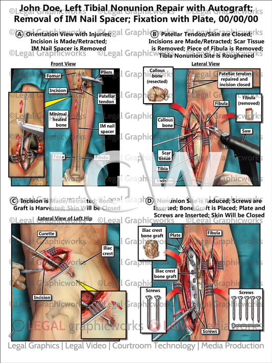 Left Tibial Nonunion Repair with Autograft; Removal of IM Nail Spacer; Fixation with Plate