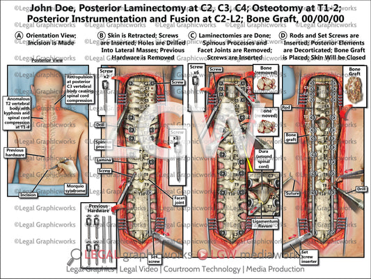 Posterior Laminectomy at C2, C3, C4; Osteotomy at T1-2; Posterior Instrumentation and Fusion at C2-L2; Bone Graft