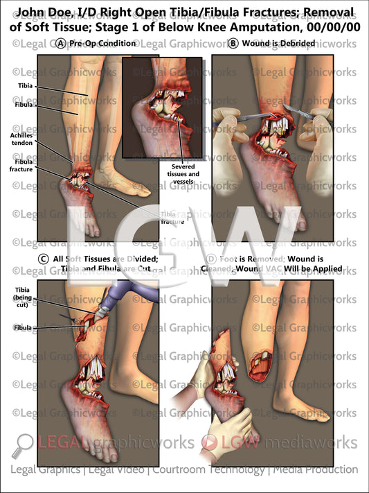 I/D Right Open Tibia/Fibula Fractures; Removal of Soft Tissue; Stage 1 of Below Knee Amputation
