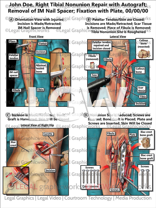 Right Tibial Nonunion Repair with Autograft; Removal of IM Nail Spacer; Fixation with Plate