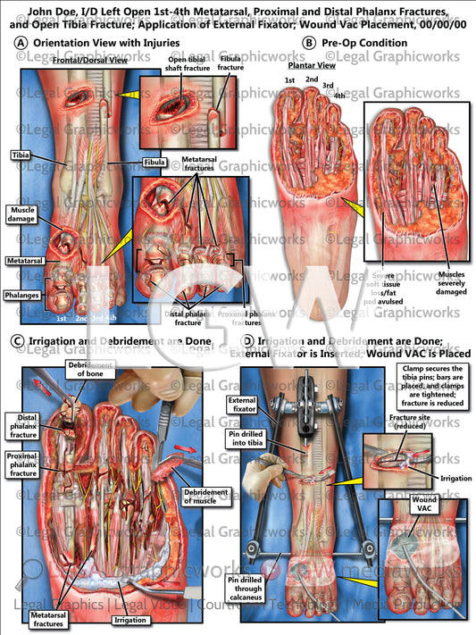 I/D Left Open 1st-4th Metatarsal, Proximal and Distal Phalanx Fractures, and Open Tibia Fracture; Application of External Fixator; Wound Vac Placement