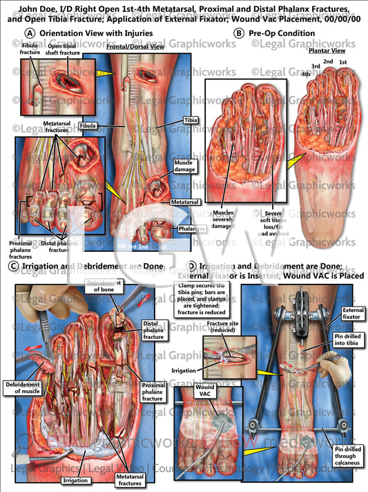 I/D Right Open 1st-4th Metatarsal, Proximal and Distal Phalanx Fractures, and Open Tibia Fracture; Application of External Fixator; Wound Vac Placement
