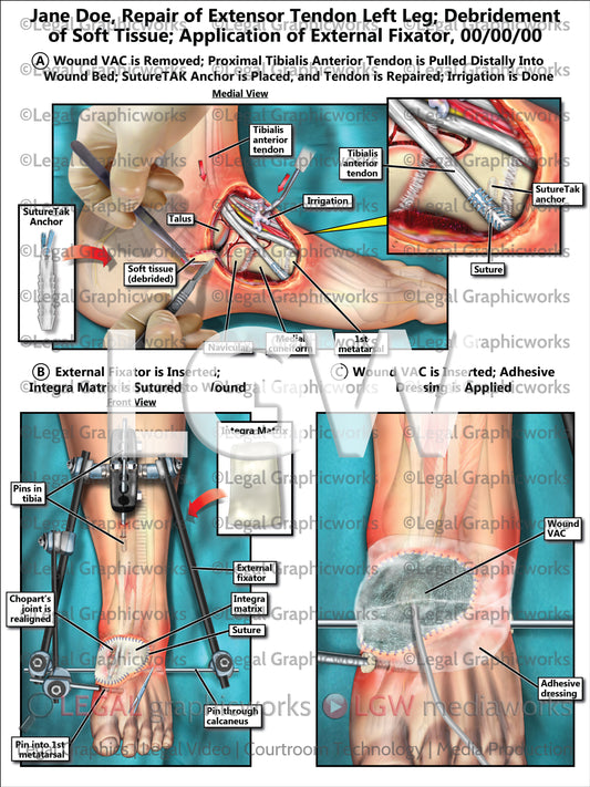 Repair of Extensor Tendon Left Leg; Debridement of Soft Tissue; Application of External Fixator