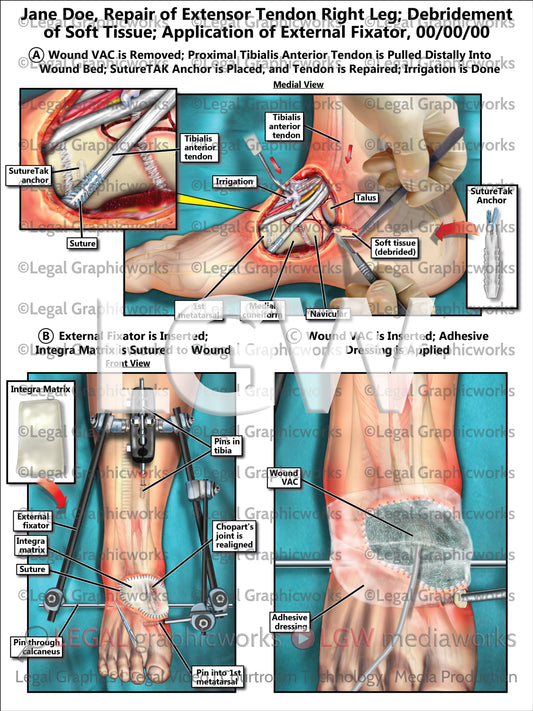 Repair of Extensor Tendon Right Leg; Debridement of Soft Tissue; Application of Extensor Fixator