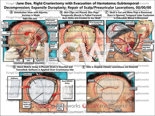 Right Craniectomy with Evacuation of Hematoma; Subtemporal Decompression; Expansile Duraplasty; Repair of Scalp/Preauricular Lacerations