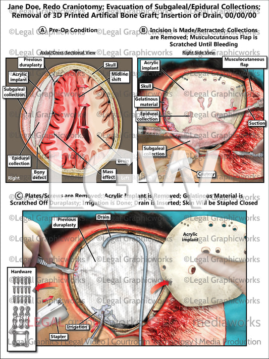 Redo Craniotomy; Evacuation of Subgaleal/Epidural Collections; Removal of 3D Printed Artificial Bone Graft; Insertion of Drain