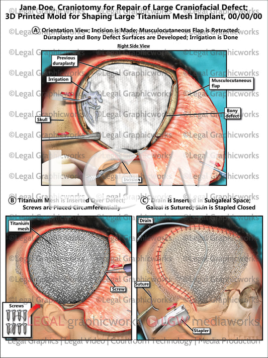 Craniotomy for Repair of Large Craniofacial Defect; 3D Printed Mold for Shaping Large Titanium Mesh Implant
