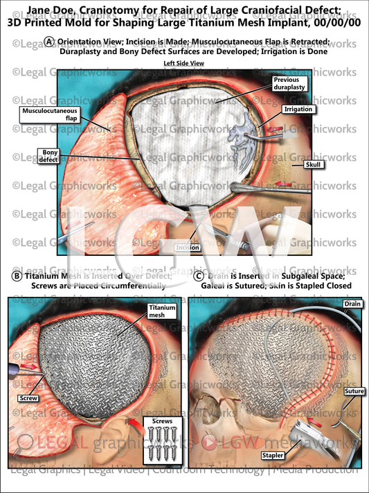 Craniotomy for Repair of Large Craniofacial Defect; 3D Printed Mold for Shaping Large Titanium Mesh Implant