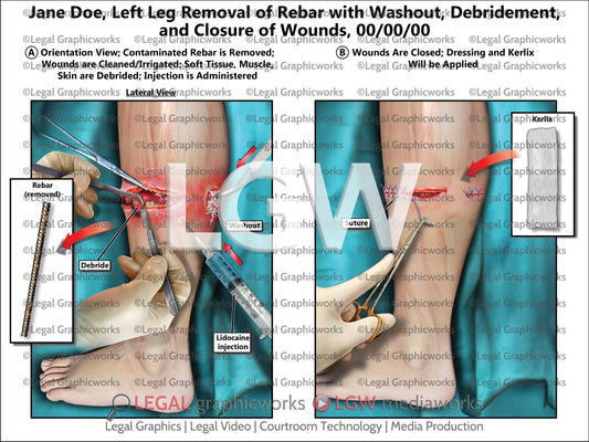 Left Leg Removal of Rebar with Washout, Debridement, and Closure of Wounds