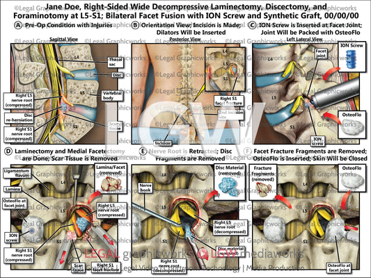 Right-Sided Wide Decompressive Laminectomy, Discectomy, and Foraminotomy at L5-S1; Bilateral Facet Fusion with ION Screw and Synthetic Graft