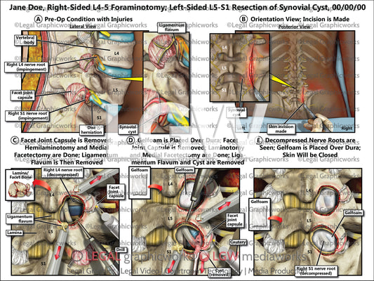 Right-Sided L4-5 Foraminotomy; Left-Sided L5-S1 Resection of Synovial Cyst