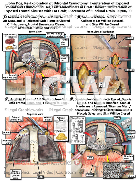 Re-Exploration of Bifrontal Craniotomy; Exenteration of Exposed Frontal and Ethmoid Sinuses; Left Abdominal Fat Graft Harvest; Obliteration of Exposed Frontal Sinuses with Fat Graft; Placement of Subdural Drain