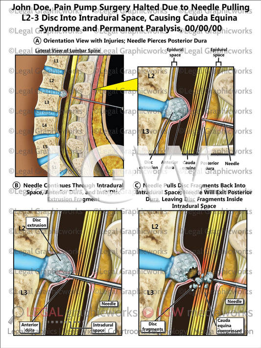 Pain Pump Surgery Halted Due to Needle Pulling L2-3 Disc Into Intradural Space, Causing Cauda Equina Syndrome and Permanent Paralysis